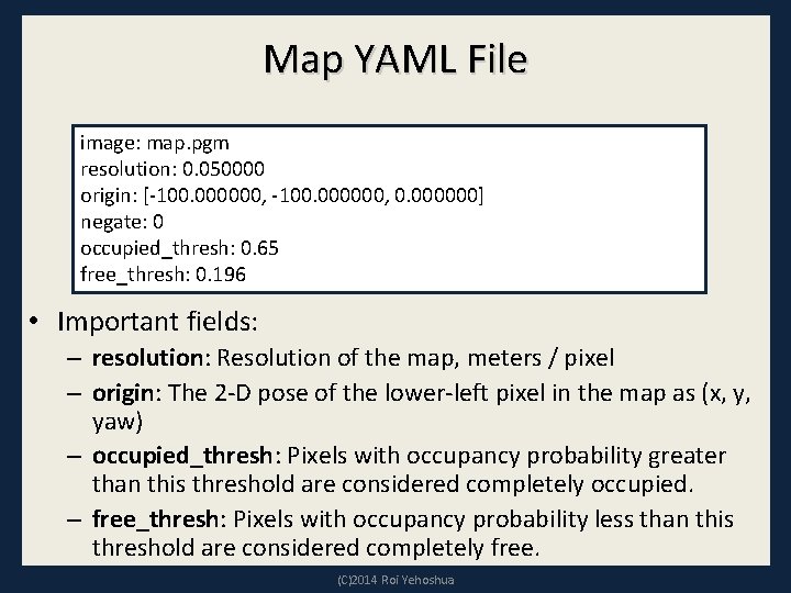 Map YAML File image: map. pgm resolution: 0. 050000 origin: [-100. 000000, 0. 000000]