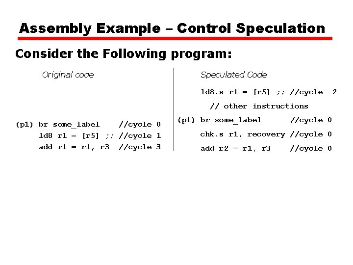 Assembly Example – Control Speculation Consider the Following program: Original code Speculated Code ld Assembly Example – Control Speculation Consider the Following program: Original code Speculated Code ld