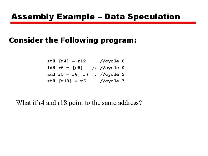Assembly Example – Data Speculation Consider the Following program: st 8 ld 8 add Assembly Example – Data Speculation Consider the Following program: st 8 ld 8 add