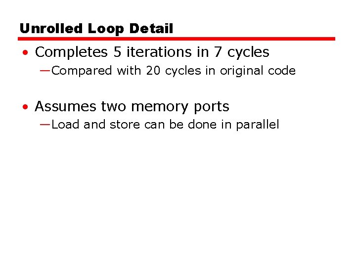 Unrolled Loop Detail • Completes 5 iterations in 7 cycles —Compared with 20 cycles Unrolled Loop Detail • Completes 5 iterations in 7 cycles —Compared with 20 cycles