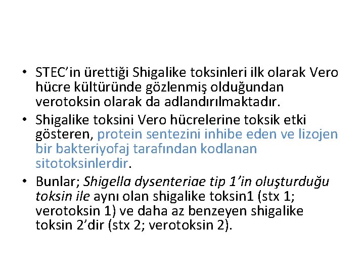  • STEC’in ürettiği Shigalike toksinleri ilk olarak Vero hücre kültüründe gözlenmiş olduğundan verotoksin