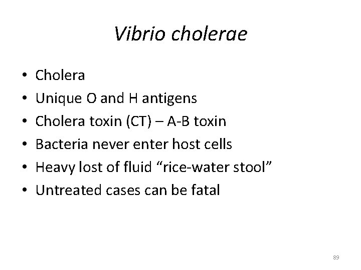 Vibrio cholerae • • • Cholera Unique O and H antigens Cholera toxin (CT)