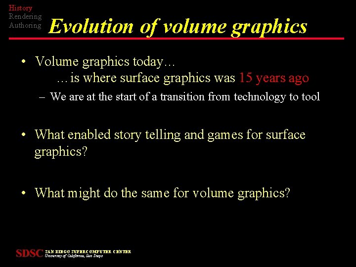 History Rendering Authoring Evolution of volume graphics • Volume graphics today… …is where surface