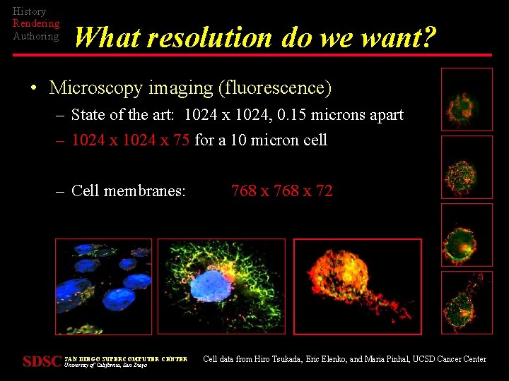 History Rendering Authoring What resolution do we want? • Microscopy imaging (fluorescence) – State