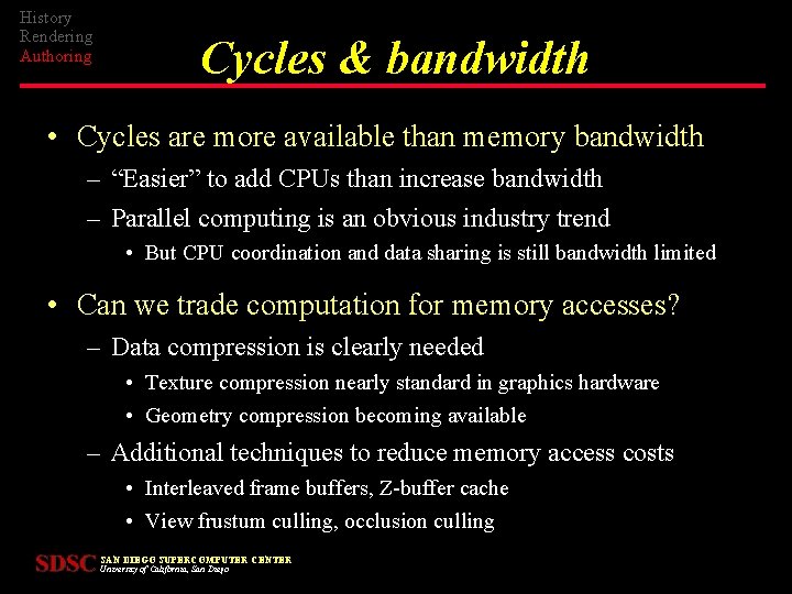 History Rendering Authoring Cycles & bandwidth • Cycles are more available than memory bandwidth