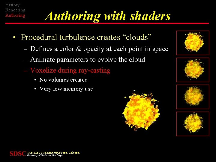History Rendering Authoring with shaders • Procedural turbulence creates “clouds” – Defines a color