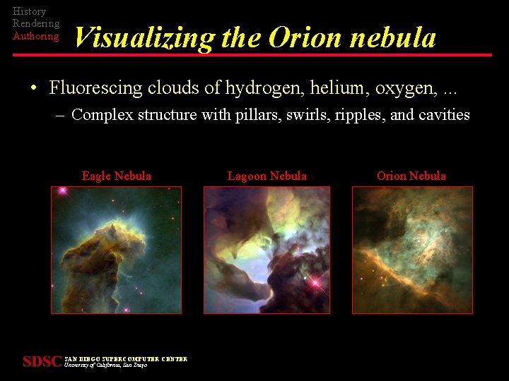 History Rendering Authoring Visualizing the Orion nebula • Fluorescing clouds of hydrogen, helium, oxygen,