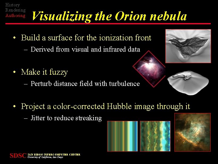 History Rendering Authoring Visualizing the Orion nebula • Build a surface for the ionization