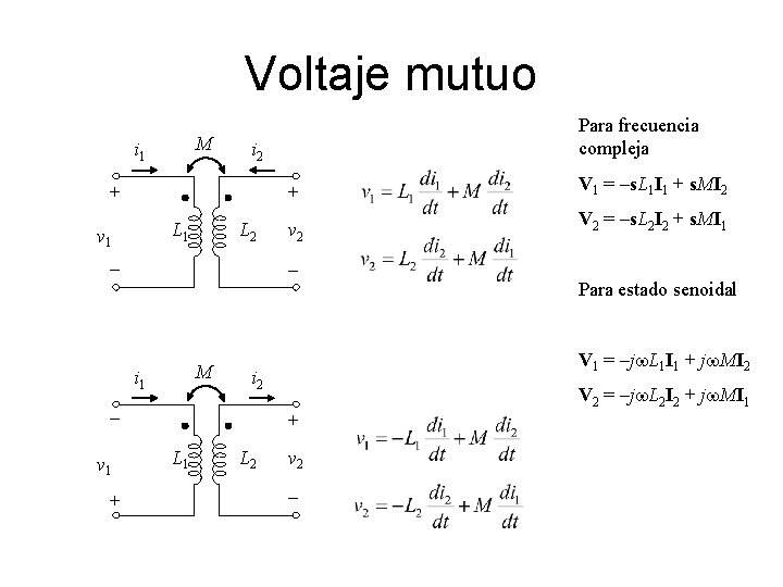 Voltaje mutuo M i 1 Para frecuencia compleja i 2 + + L 1