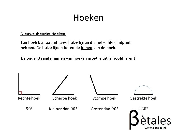 Hoeken Nieuwe theorie: Hoeken Een hoek bestaat uit twee halve lijnen die hetzelfde eindpunt