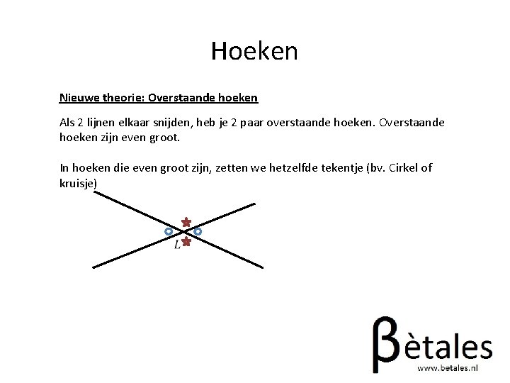 Hoeken Nieuwe theorie: Overstaande hoeken Als 2 lijnen elkaar snijden, heb je 2 paar