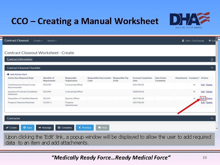 CCO – Creating a Manual Worksheet Upon clicking the ‘Edit’ link, a popup window