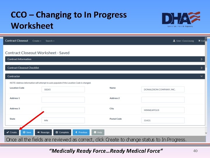 CCO – Changing to In Progress Worksheet Once all the fields are reviewed as