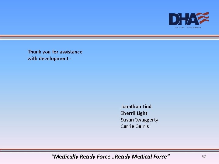 Thank you for assistance with development - Jonathan Lind Sherril Light Susan Swaggerty Carrie
