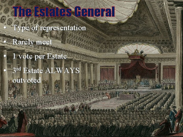 The Estates General • Type of representation • Rarely meet • 1 vote per