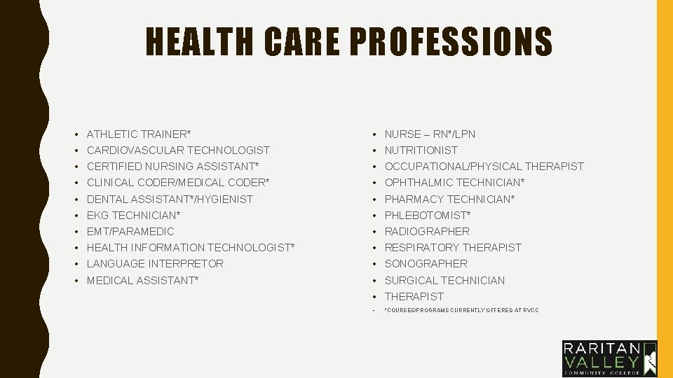 HEALTH CARE PROFESSIONS • • • ATHLETIC TRAINER* CARDIOVASCULAR TECHNOLOGIST CERTIFIED NURSING ASSISTANT* CLINICAL HEALTH CARE PROFESSIONS • • • ATHLETIC TRAINER* CARDIOVASCULAR TECHNOLOGIST CERTIFIED NURSING ASSISTANT* CLINICAL