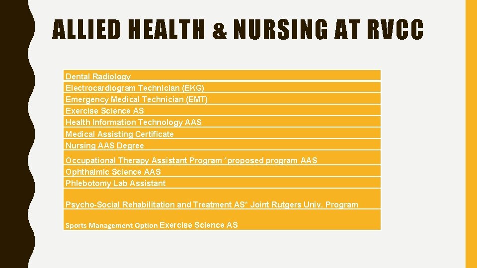 ALLIED HEALTH & NURSING AT RVCC Dental Radiology Electrocardiogram Technician (EKG) Emergency Medical Technician ALLIED HEALTH & NURSING AT RVCC Dental Radiology Electrocardiogram Technician (EKG) Emergency Medical Technician