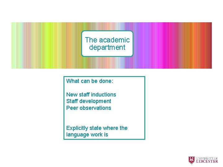 The academic department What can be done: New staff inductions Staff development Peer observations