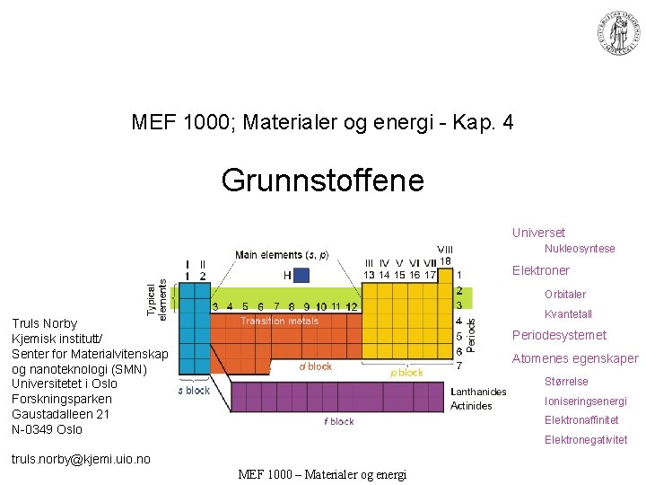 MEF 1000; Materialer og energi - Kap. 4 Grunnstoffene Universet Nukleosyntese Elektroner Orbitaler Kvantetall MEF 1000; Materialer og energi - Kap. 4 Grunnstoffene Universet Nukleosyntese Elektroner Orbitaler Kvantetall