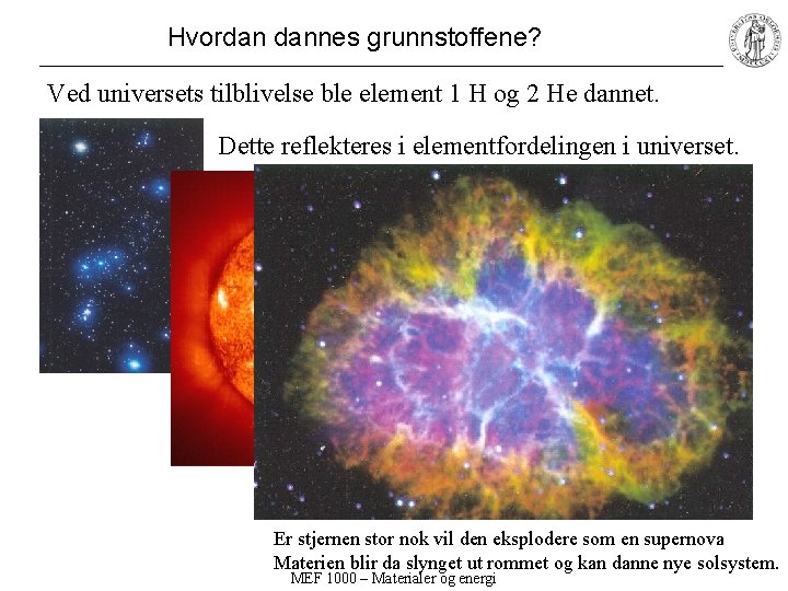 Hvordan dannes grunnstoffene? Ved universets tilblivelse ble element 1 H og 2 He dannet. Hvordan dannes grunnstoffene? Ved universets tilblivelse ble element 1 H og 2 He dannet.