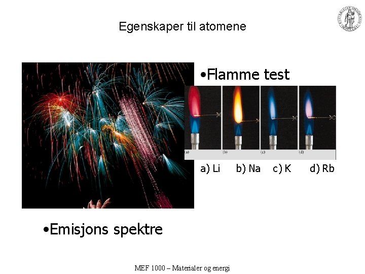 Egenskaper til atomene • Flamme test a) Li • Emisjons spektre MEF 1000 – Egenskaper til atomene • Flamme test a) Li • Emisjons spektre MEF 1000 –