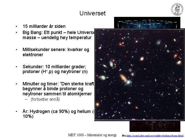 Universet • • 15 milliarder år siden Big Bang: Ett punkt – hele Universets Universet • • 15 milliarder år siden Big Bang: Ett punkt – hele Universets