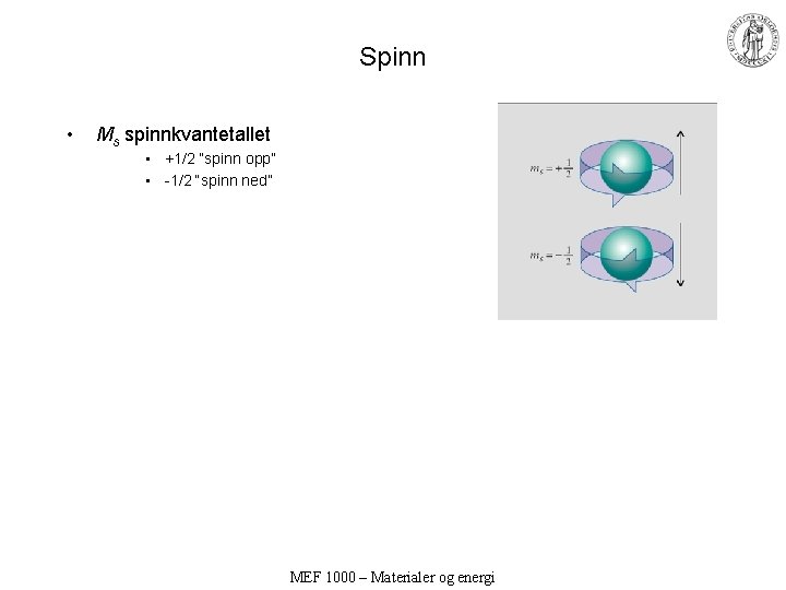 Spinn • Ms spinnkvantetallet • +1/2 “spinn opp” • -1/2 “spinn ned” MEF 1000 Spinn • Ms spinnkvantetallet • +1/2 “spinn opp” • -1/2 “spinn ned” MEF 1000