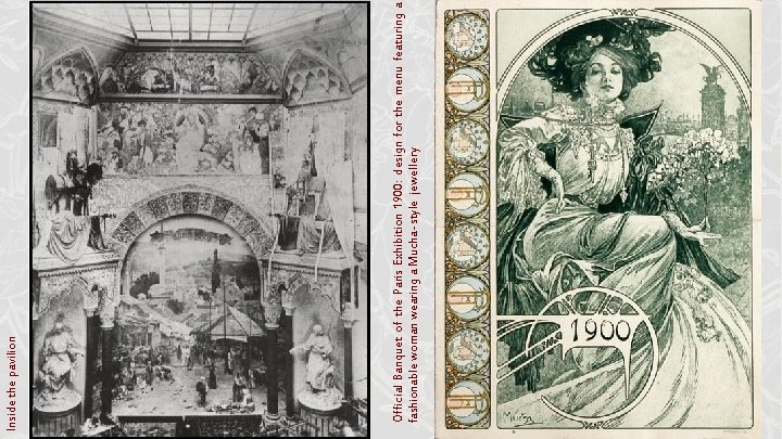 Official Banquet of the Paris Exhibition 1900: design for the menu featuring a fashionable Official Banquet of the Paris Exhibition 1900: design for the menu featuring a fashionable