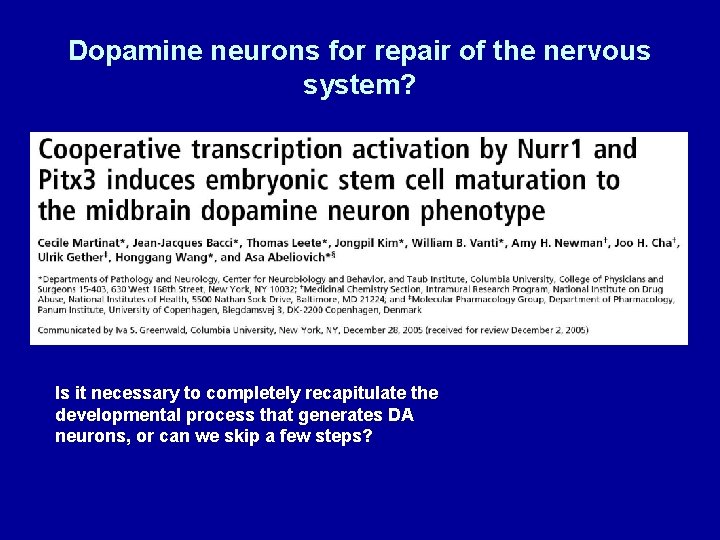 Dopamine neurons for repair of the nervous system? Is it necessary to completely recapitulate