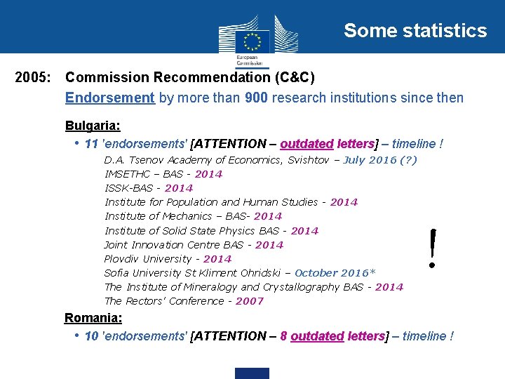 Some statistics 2005: Commission Recommendation (C&C) Endorsement by more than 900 research institutions since