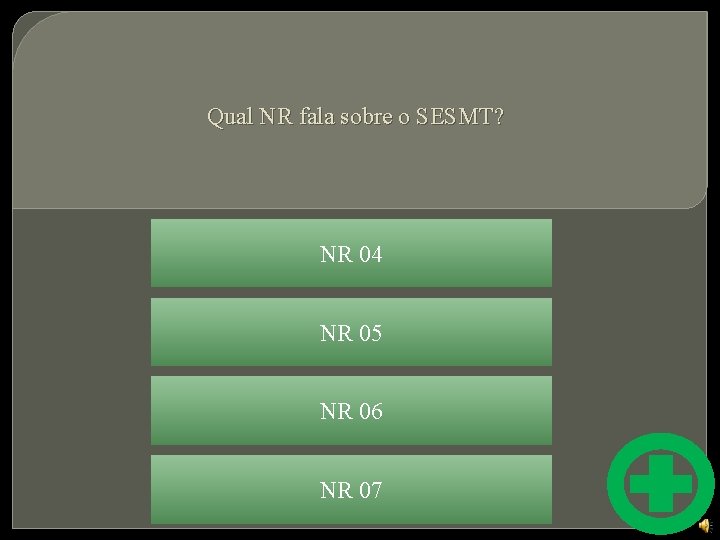 Qual NR fala sobre o SESMT? NR 04 NR 05 NR 06 NR 07