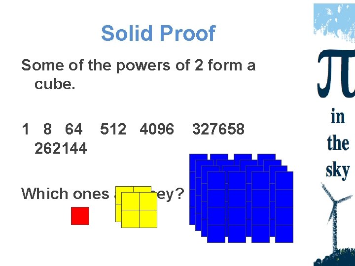 Solid Proof Some of the powers of 2 form a cube. 1 8 64