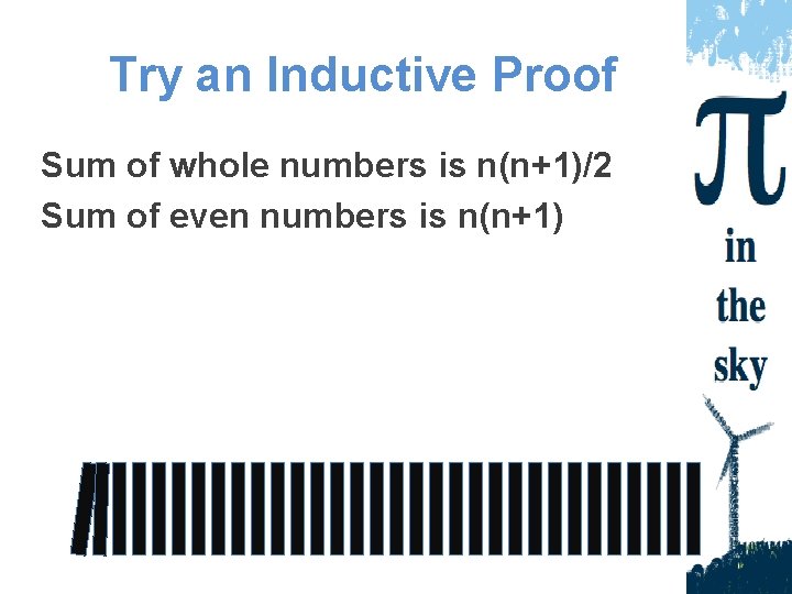 Try an Inductive Proof Sum of whole numbers is n(n+1)/2 Sum of even numbers