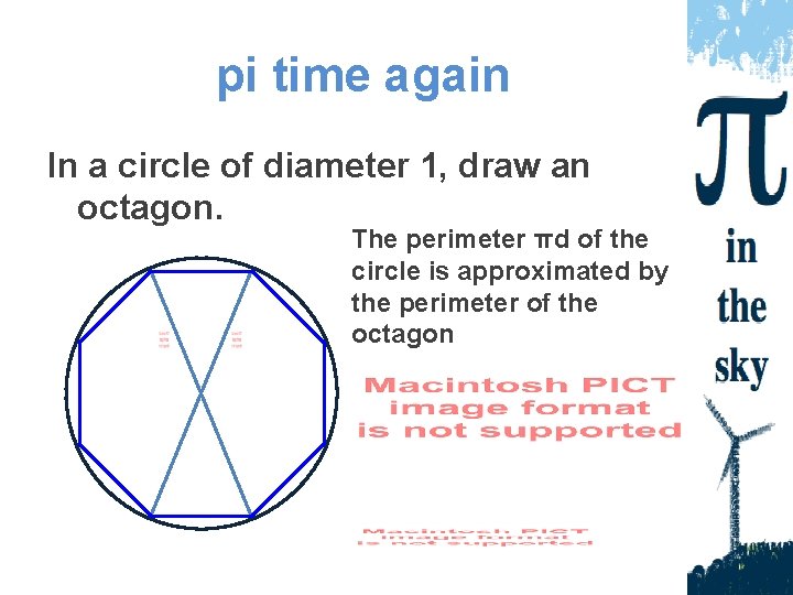 pi time again In a circle of diameter 1, draw an octagon. The perimeter