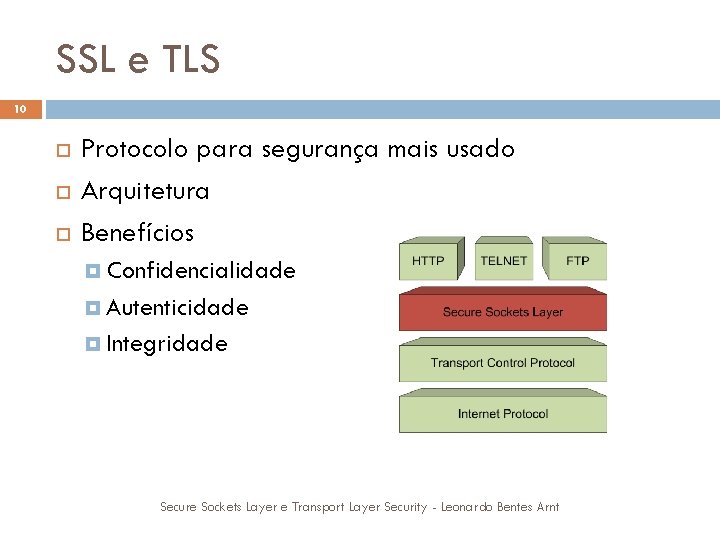 SSL e TLS 10 Protocolo para segurança mais usado Arquitetura Benefícios Confidencialidade Autenticidade Integridade