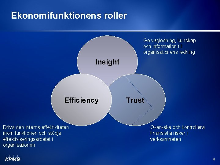 Ekonomifunktionens roller Ge vägledning, kunskap och information till organisationens ledning Insight Efficiency Driva den