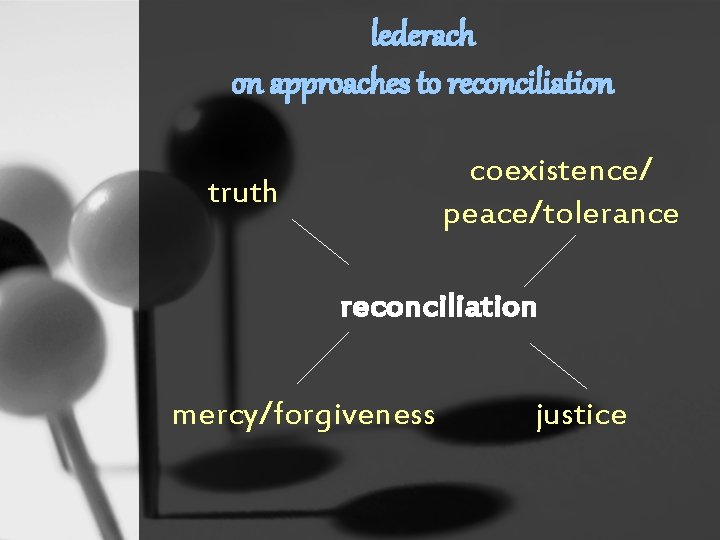 lederach on approaches to reconciliation coexistence/ peace/tolerance truth reconciliation mercy/forgiveness justice 