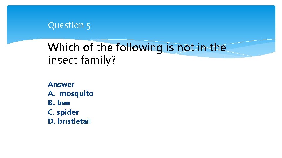 Question 5 Which of the following is not in the insect family? Answer A.