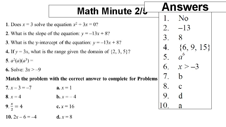 Math Minute 2/5 Answers 