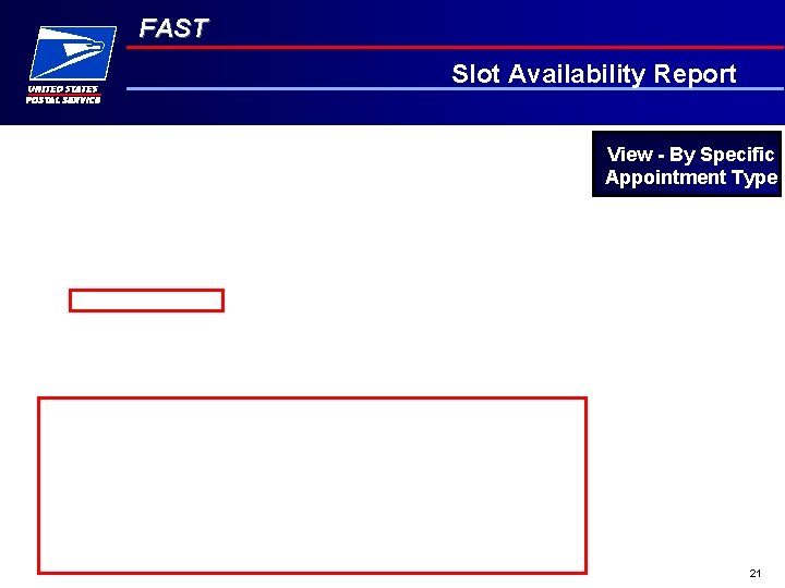 FAST Slot Availability Report View - By Specific Appointment Type 21 