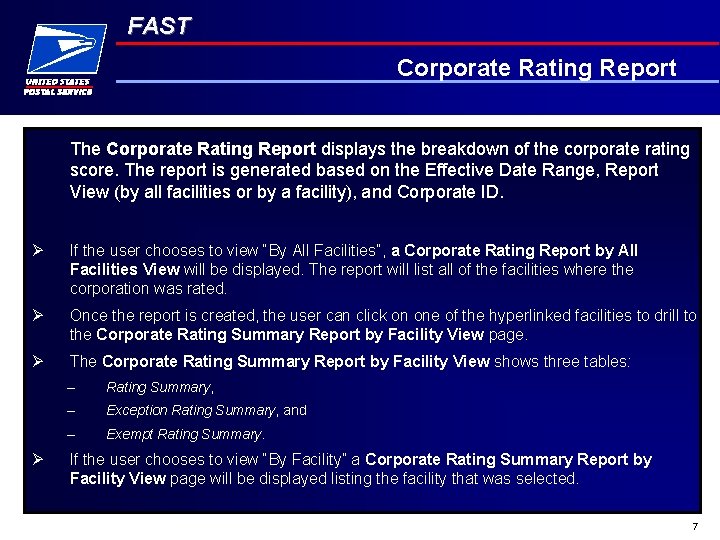 FAST Corporate Rating Report The Corporate Rating Report displays the breakdown of the corporate