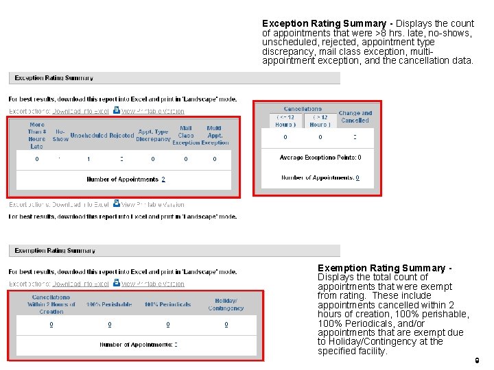 Exception Rating Summary - Displays the count of appointments that were >8 hrs. late,