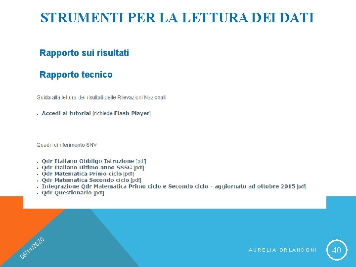 STRUMENTI PER LA LETTURA DEI DATI Rapporto sui risultati Rapporto tecnico 20 0 0