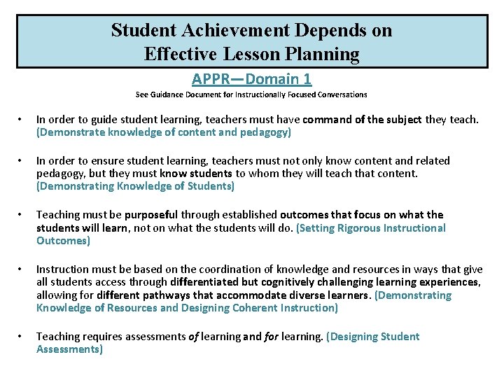 Student Achievement Depends on Effective Lesson Planning APPR—Domain 1 See Guidance Document for Instructionally