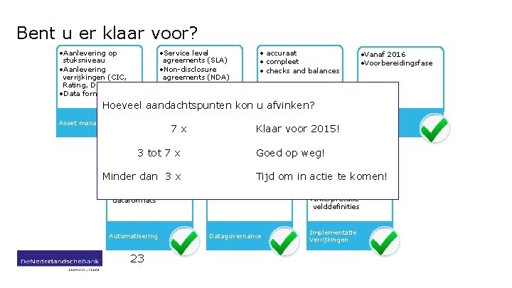 Bent u er klaar voor? • Aanlevering op stuksniveau • Aanlevering verrijkingen (CIC, Rating,