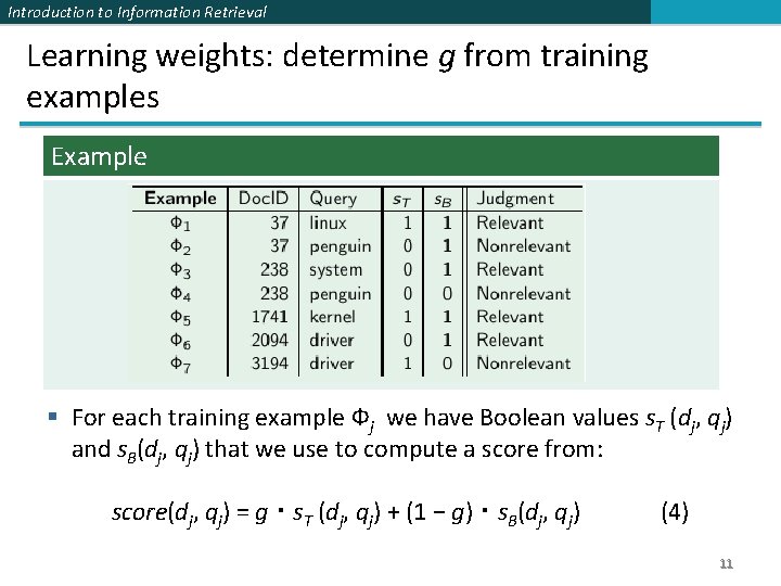 Introduction to Information Retrieval Learning weights: determine g from training examples Example § For