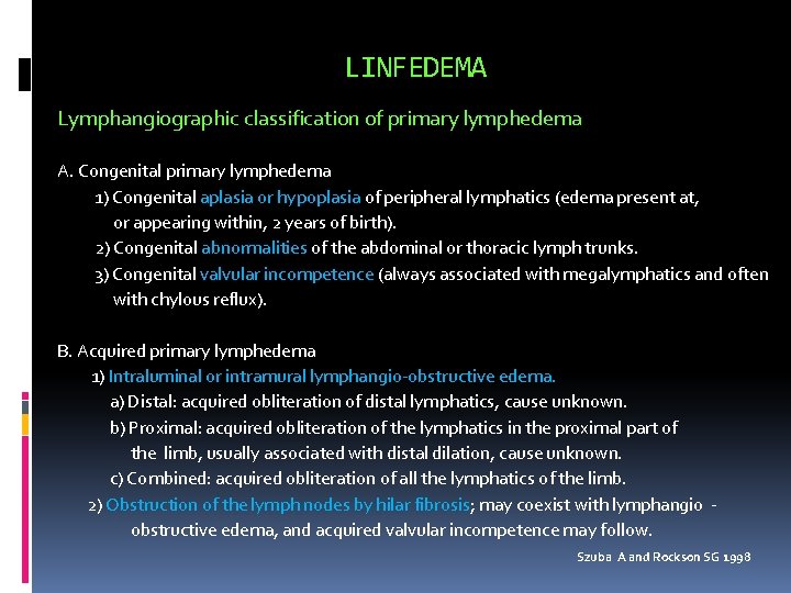 LINFEDEMA Lymphangiographic classification of primary lymphedema A. Congenital primary lymphedema 1) Congenital aplasia or