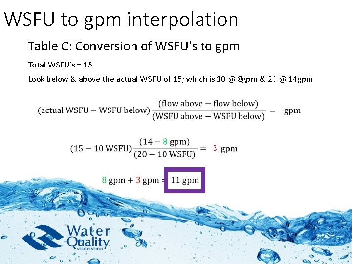 WSFU to gpm interpolation Table C: Conversion of WSFU’s to gpm Total WSFU’s =