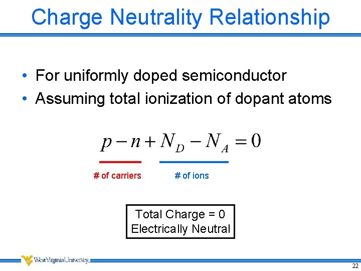 Charge Neutrality Relationship • For uniformly doped semiconductor • Assuming total ionization of dopant