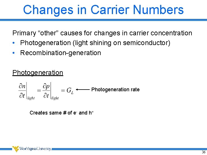 Changes in Carrier Numbers Primary “other” causes for changes in carrier concentration • Photogeneration